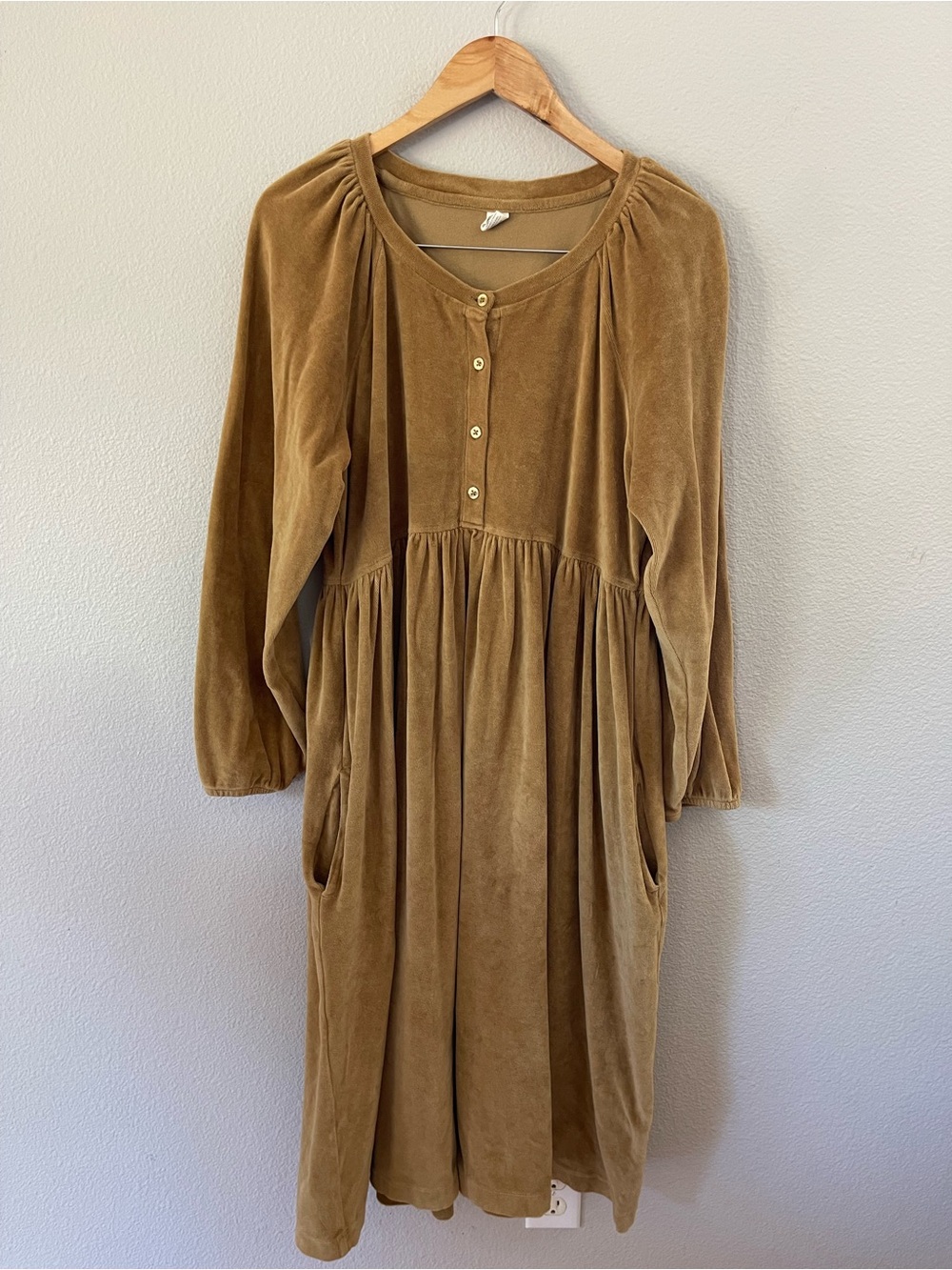 Kate Quinn Womens Button Front Pocket Dress Mustard Velour 1XL Midi Long Sleeves